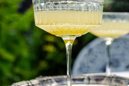 Calici di aperitivo su tavolo in giardino